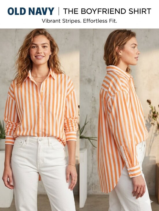 Old Navy Tops - NWT Old Navy The Boyfriend Shirt Orange White Striped Button Down Women's Size L